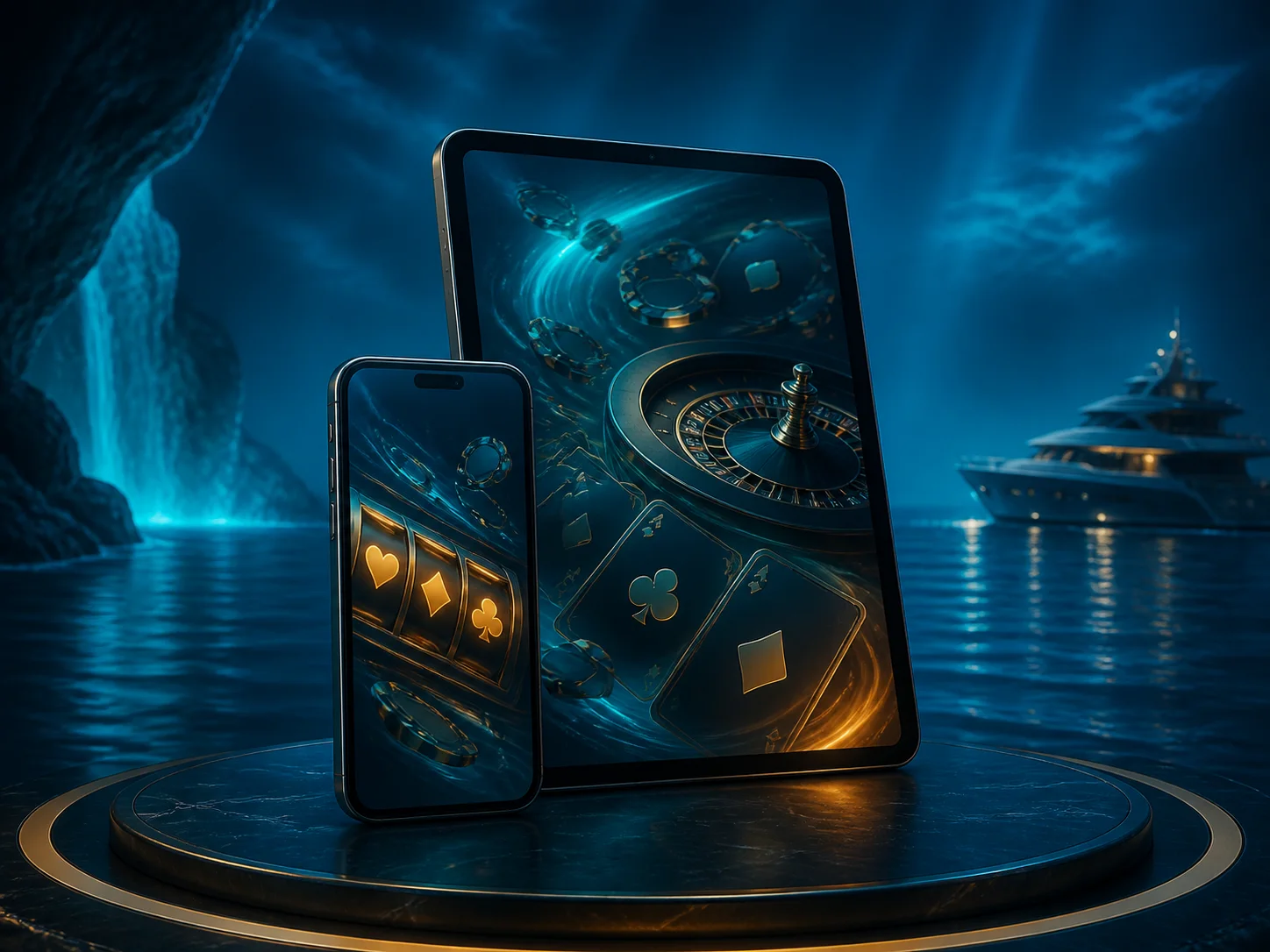 Celular e tablet em ambiente genérico de entretenimento de cassino