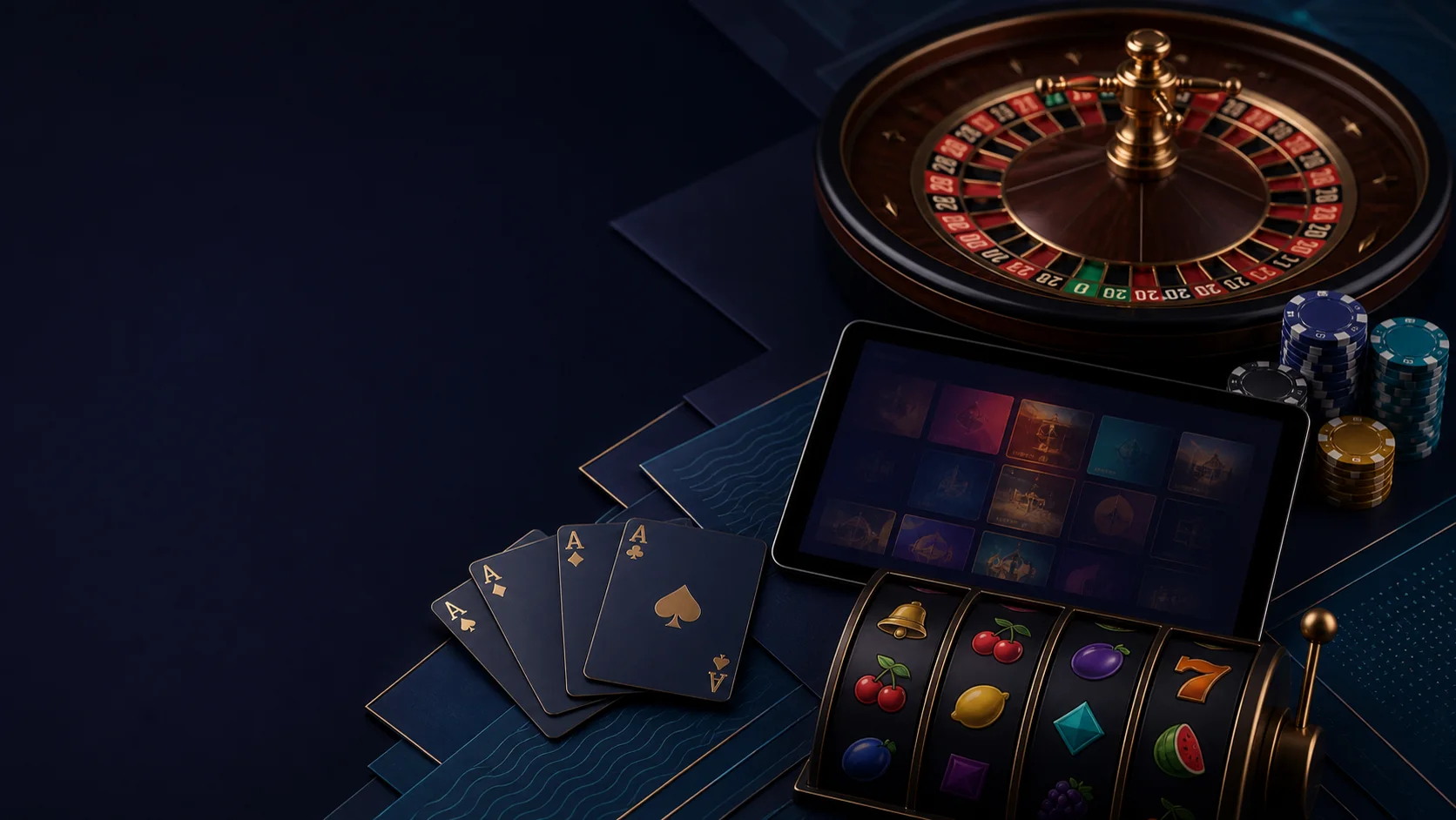 Composição de caça-níqueis, cartas e roleta para comparar categorias de jogos