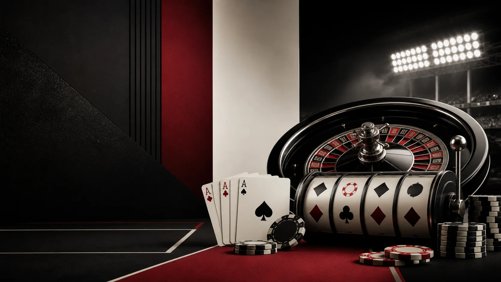 Ambiente editorial de cassino digital com roleta, cartas, slots e luzes esportivas